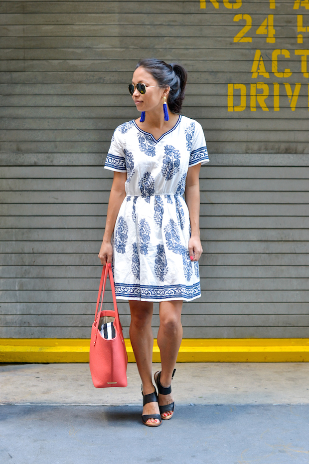 blue and white porcelain print dress