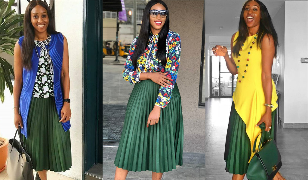 go-green-8-stunning-ways-veronica-odeka-style-pleated-green-skirt