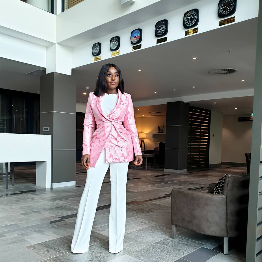 ini-edo-white-jumpsuit-pink-damask-blazer-nigerian-celebs-weekend-looks