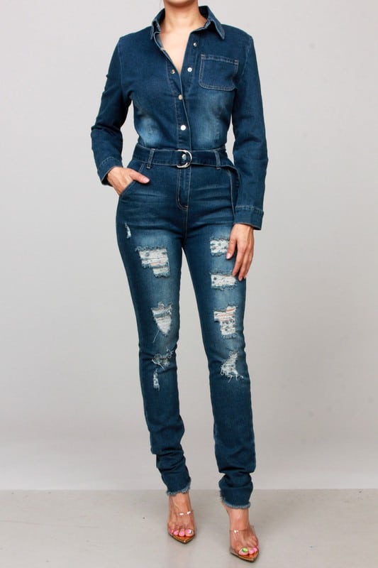 Blue-long-sleeve-denim-ripped-jumpsuit For Fall Winter Spring Summer