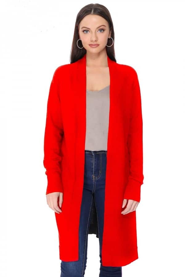 Open front cardigan by Ella is worn by model in various poses, Cardigan is red and has functional pockets.