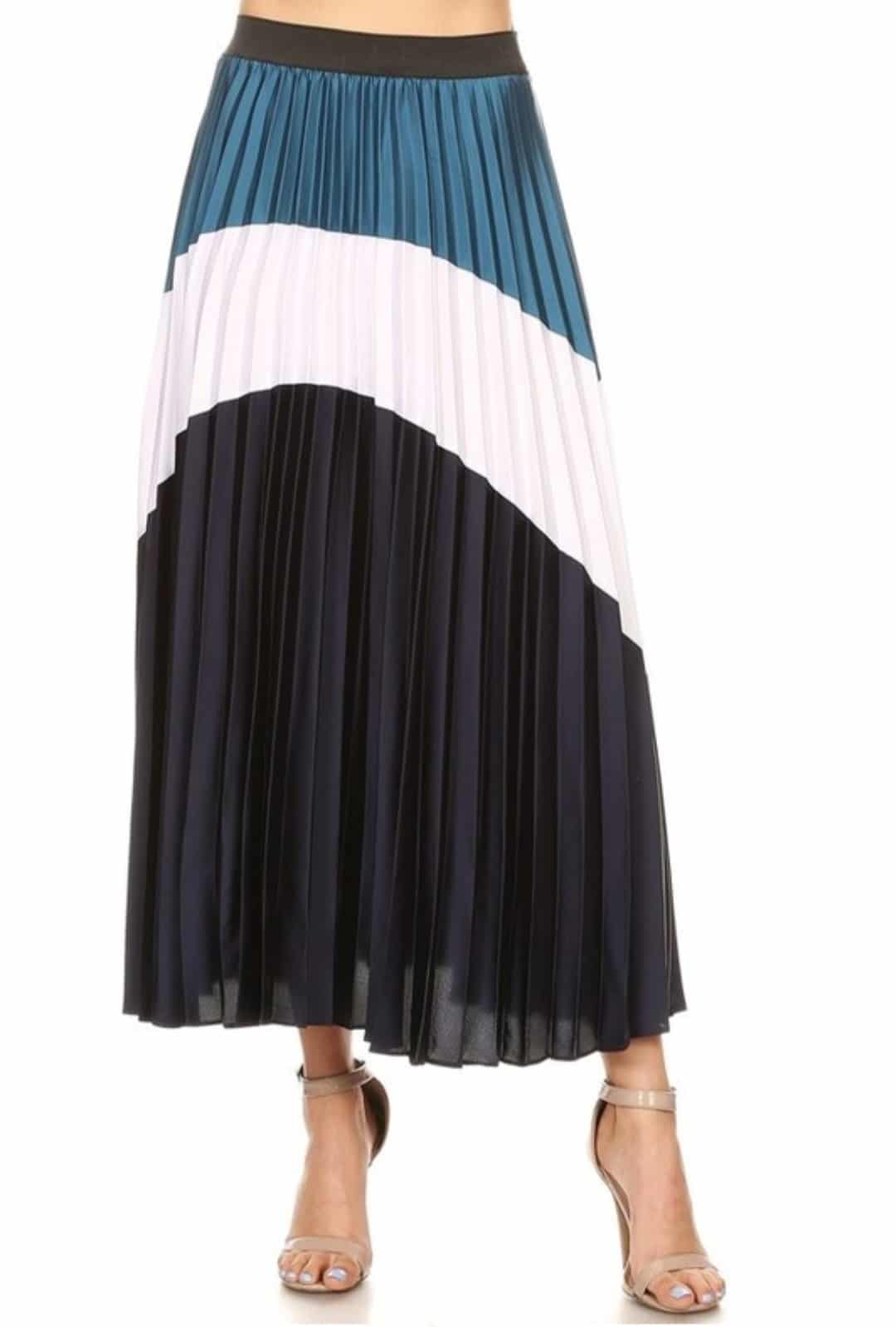 Blue White Irene Colorblock Pleated Skirt For Fall Winter Spring Summer