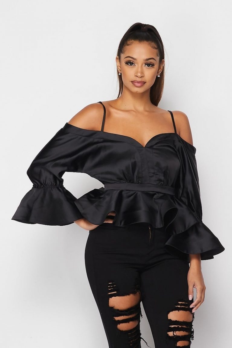 Kandi Spaghetti Strap Off Shoulder V Neck Peplum Blouse