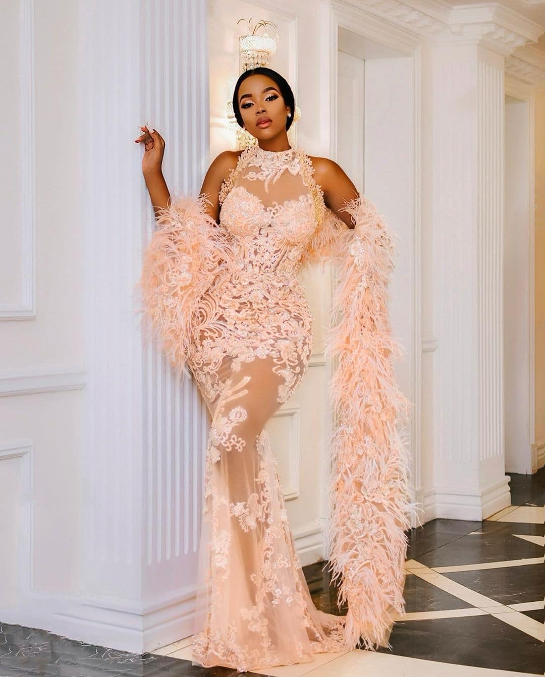 julitha-kabete-peach-feather-lace-dress-the-most-rave-worthy-looks-on-women-across-africa-stylish-women-in-the-past-week-of-november-30th