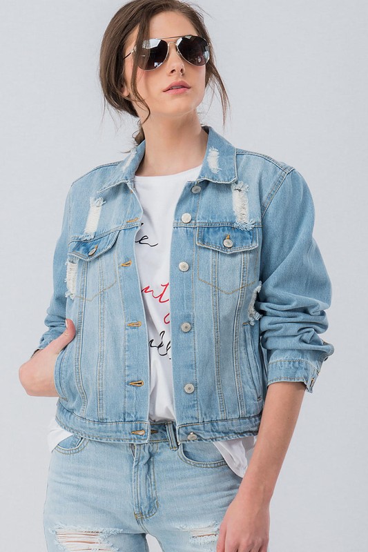 Blue Meghan Distressed Denim Collared Jacket For Fall Winter Spring Summer