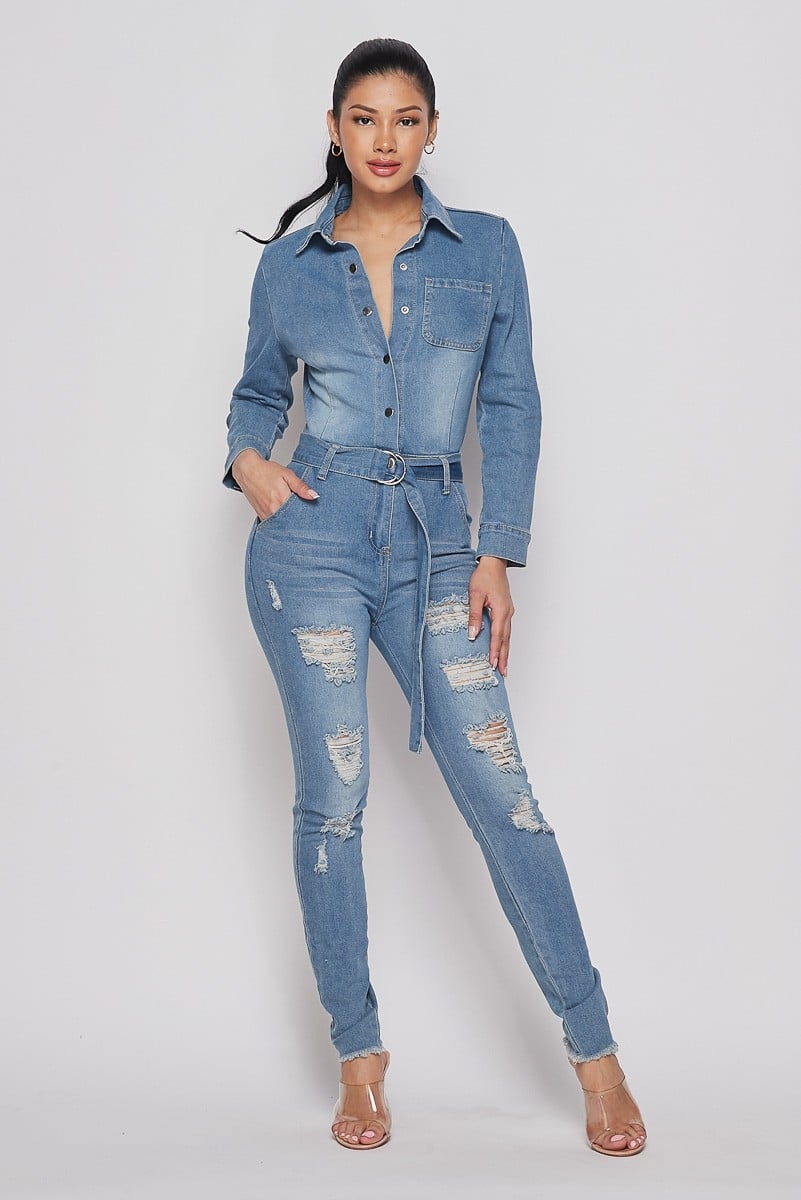 Blue Daisy Ripped Denim Jumpsuit For Fall Winter Spring Summer