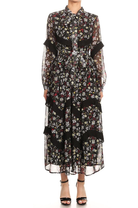 Black Leslie Floral Print Chiffon Maxi Dress For Fall Winter Spring Summer