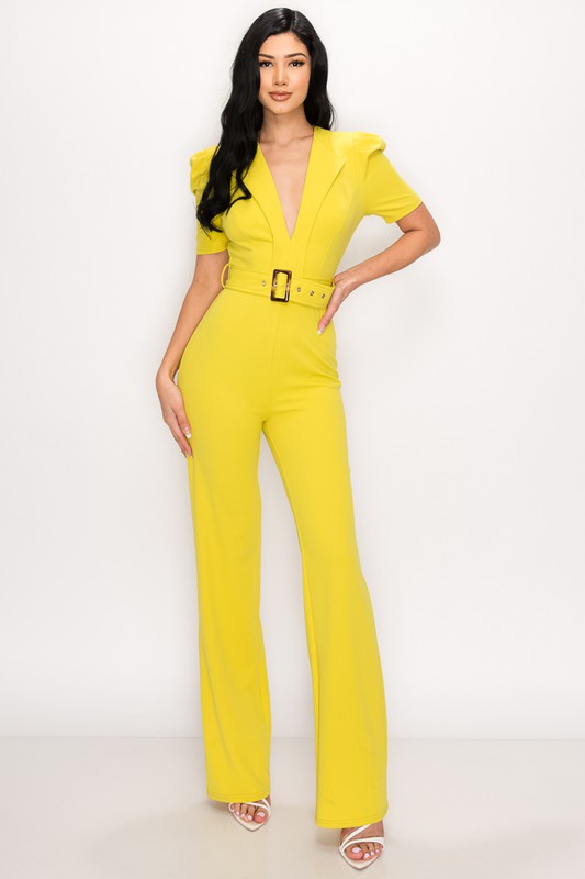 Model wearing jumpsuit with deep V-neck and wide cinched belt with puffed sleeves in various colors and poses.