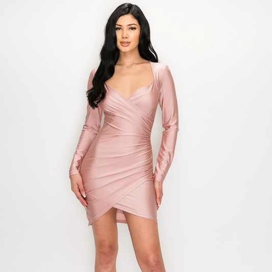 Blush Pink Abby Sweetheart Neck Wrap Bodycon Longsleeve Dress For Fall Winter Spring Summer