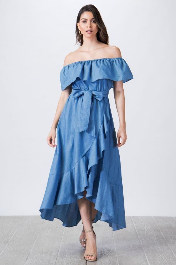 Blue Sia Off Shoulder Chambray Belted Dress For Fall Winter Spring Summer