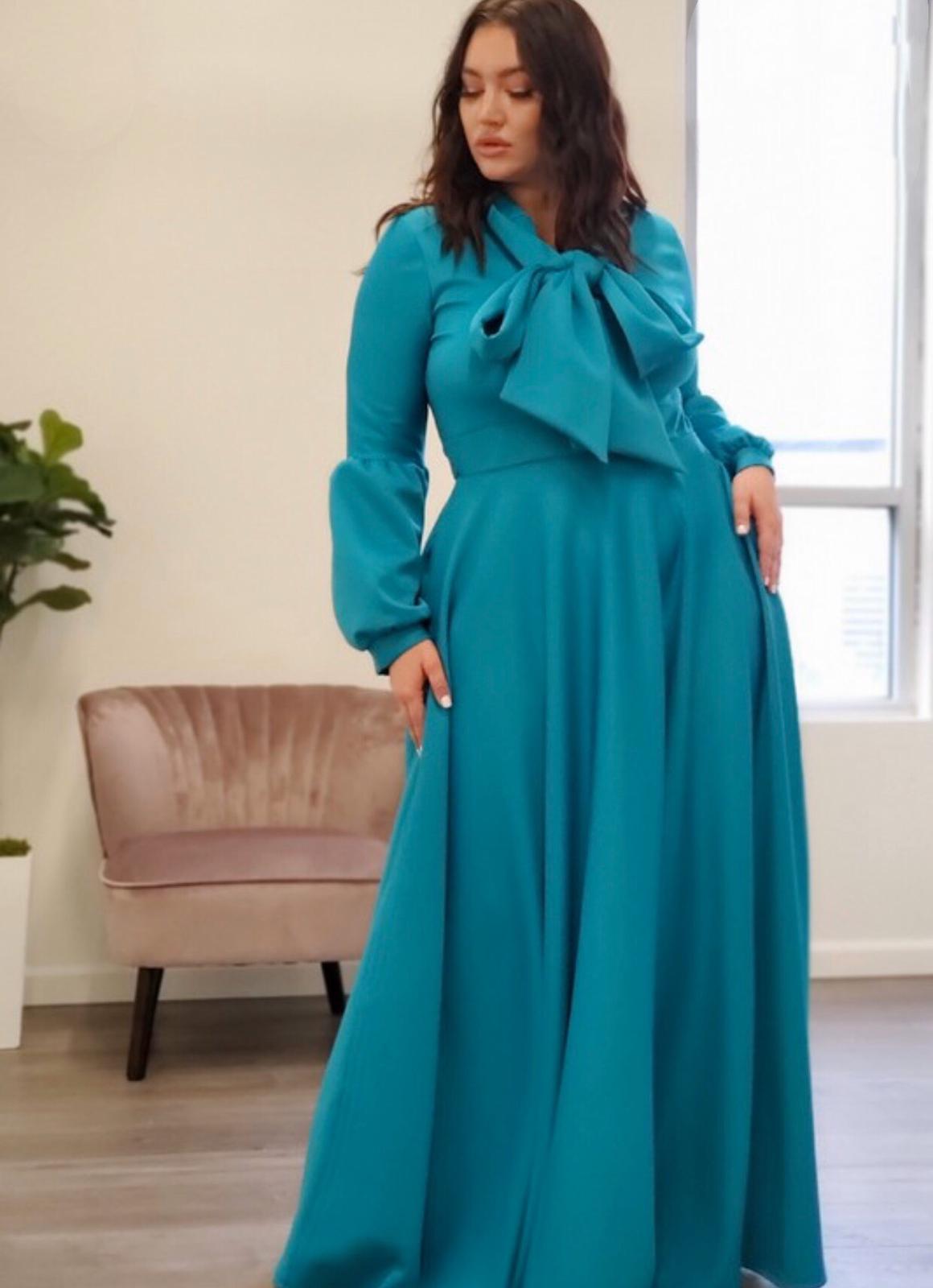 Teal Zainab Flared Maxi Dress With Necktie - Large Si For Fall Winter Spring Summer