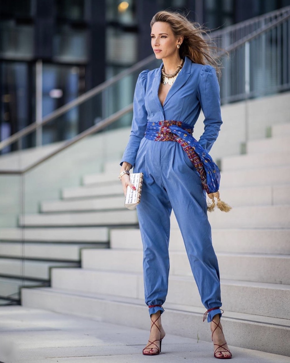 Alexandra Lapp blue jumpsuit obi belt stylerave