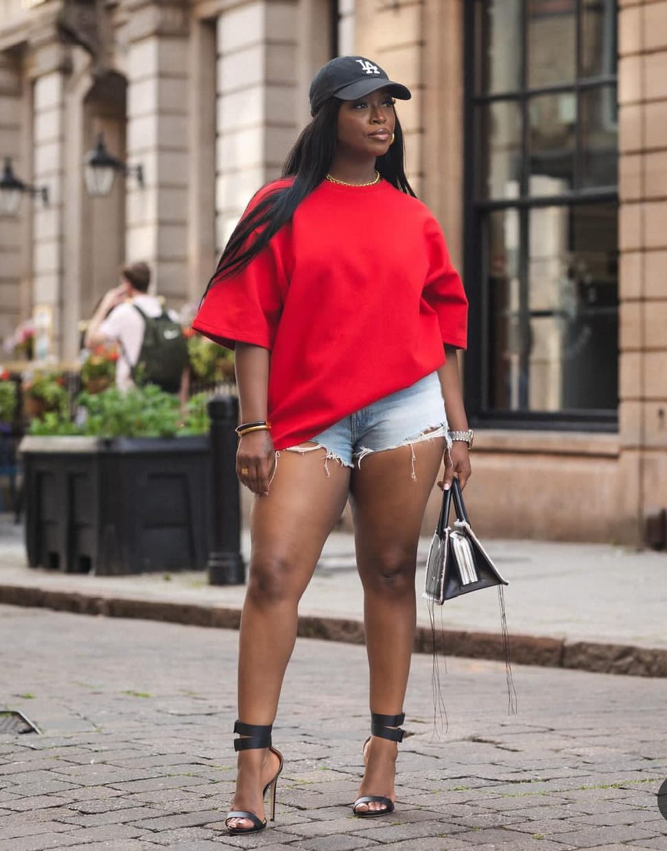 Jariatu Denim shorts and heels with low waist