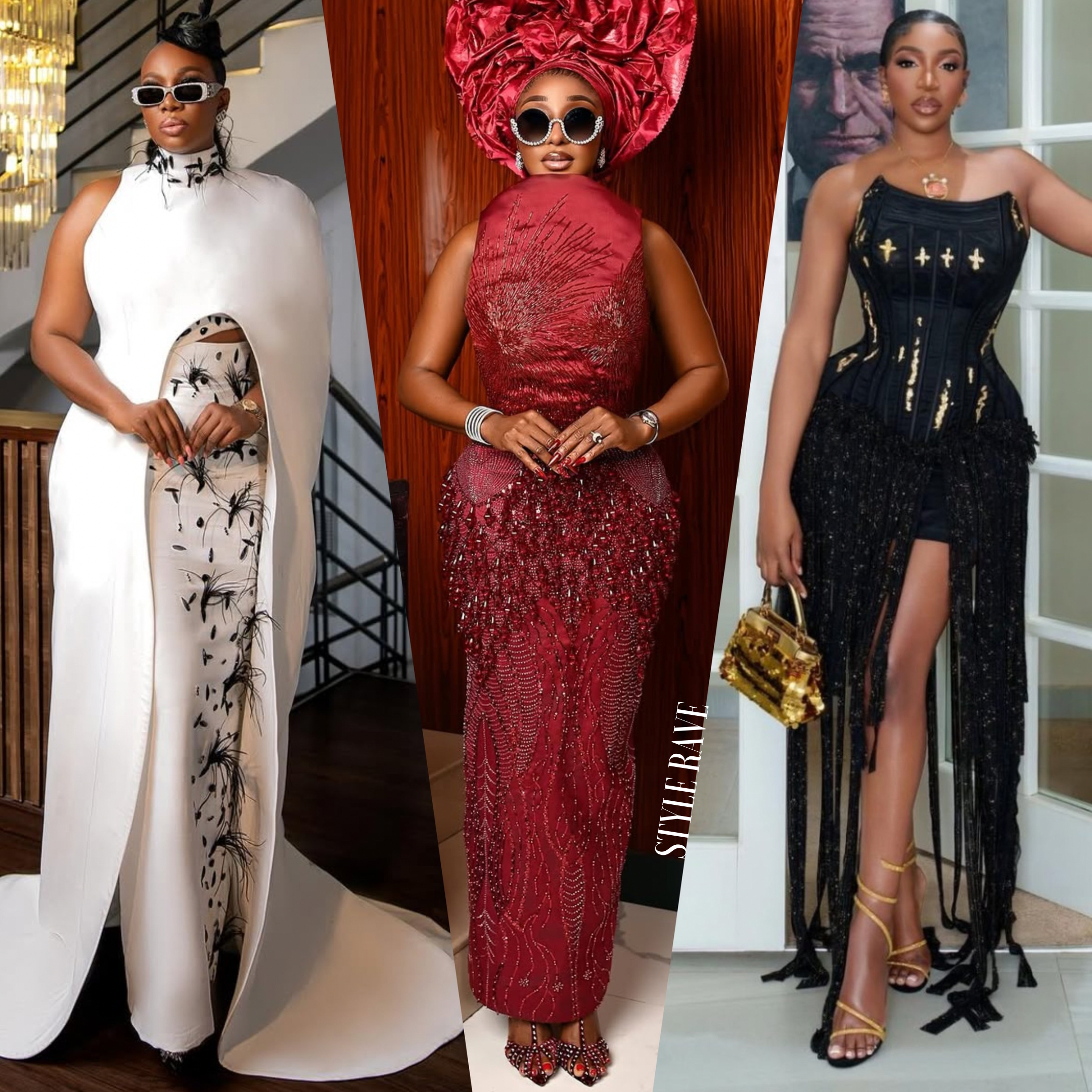 three women dressed in glamorous outfits for christmas in lagos