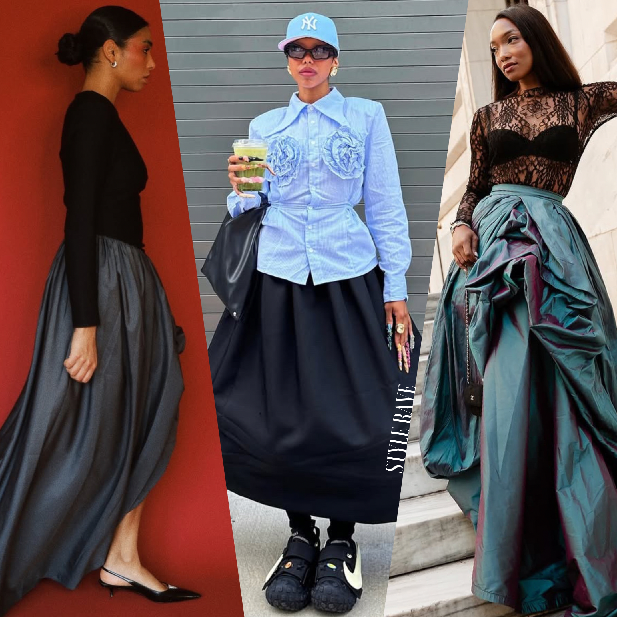 three women wearing flowy skirts