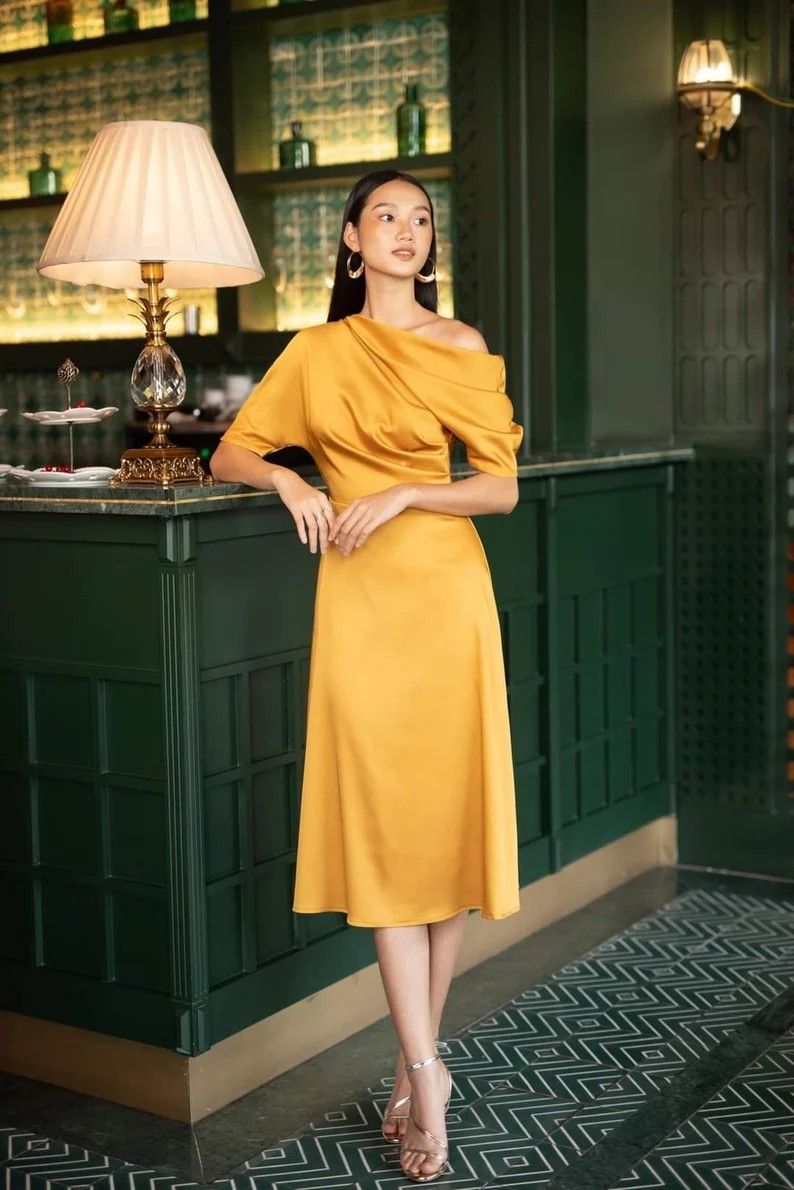 1 piece dress for women Classic Simple Silk Draped Asymmetrical Sleeveless One Piece Dress –  DIANASILK